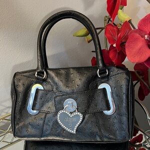 Y2K Guess Black Faux Ostrich Embossed Satchel with Silver Heart Charm